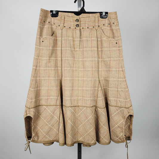 Sandwich Brown Plaid Cotton Linen Midi Skirt Size M