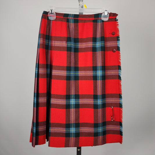 Vintage Aljean Red Plaid Wool  Midi Kilt Skirt Size S