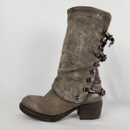 AS98 Grey & Brown Leather Strappy Heeled Boots Size 7
