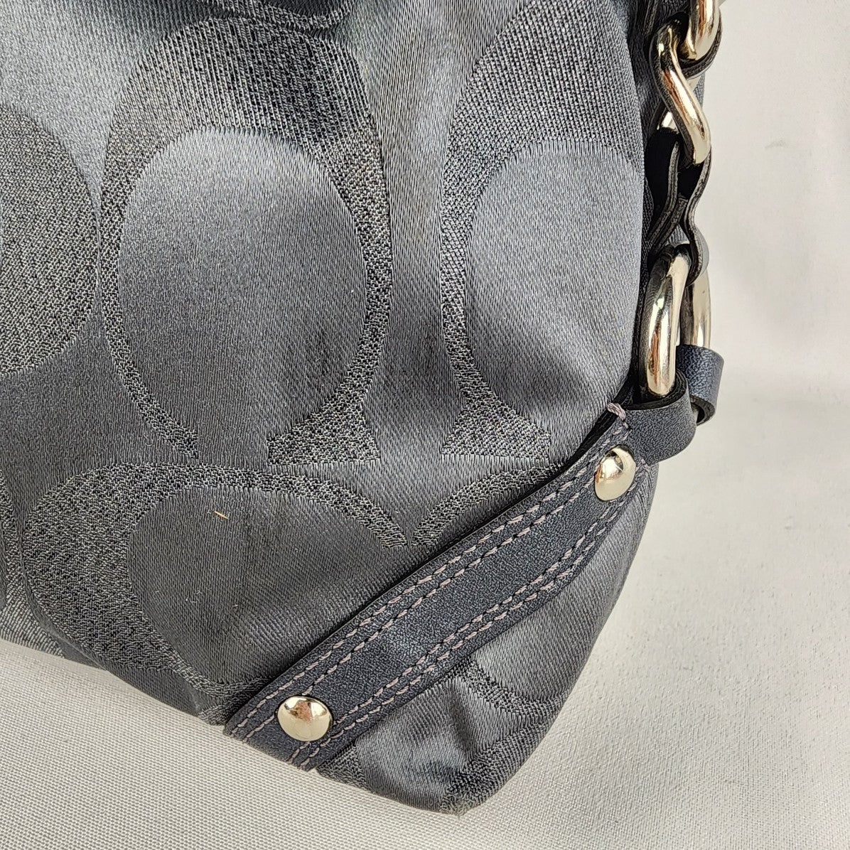 Coach Carly Sateen Grey Leather Trimmed Monogram Shoulder Purse