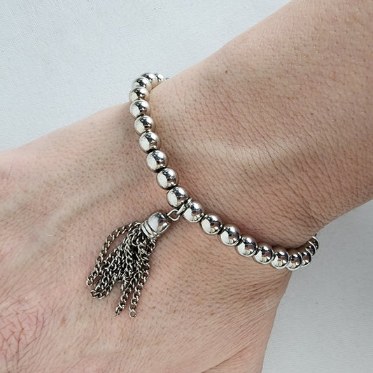 Silver Beaded Tassel Stretch Bracelet