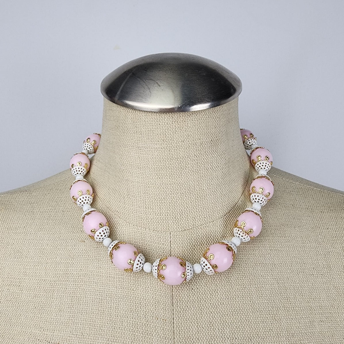 Vintage Pink & White Lace Beaded Collar Necklace