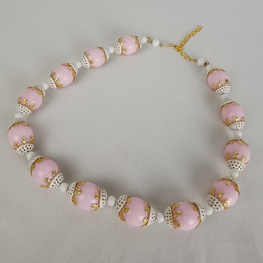Vintage Pink & White Lace Beaded Collar Necklace