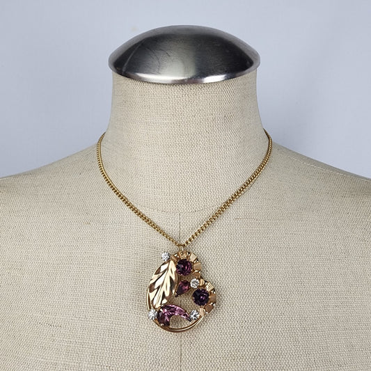 Vintage Gold Tone Purple Crystal Floral Pendant Necklace