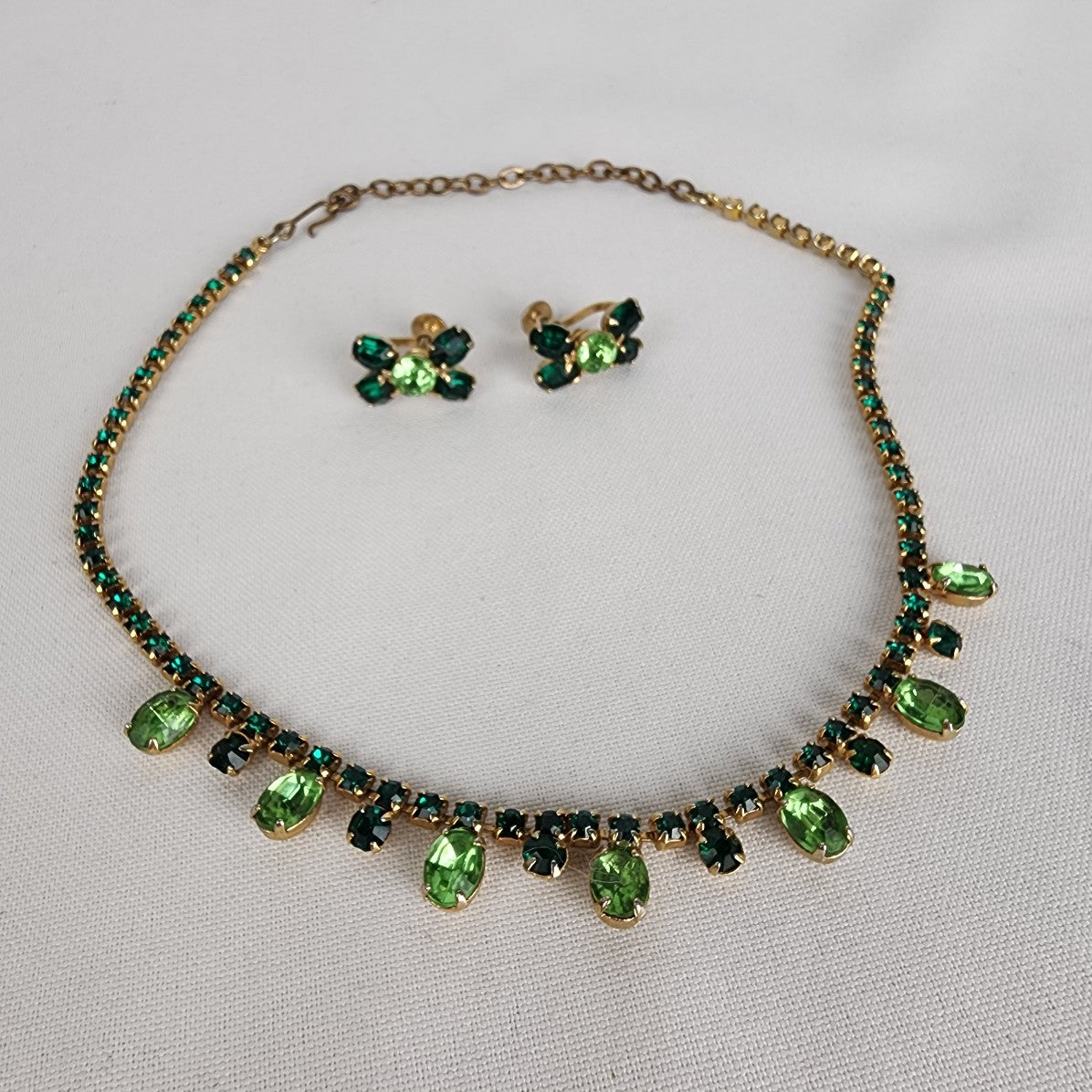 Vintage Triad Gold Tone Green Rhinestone Necklace & Earring Set
