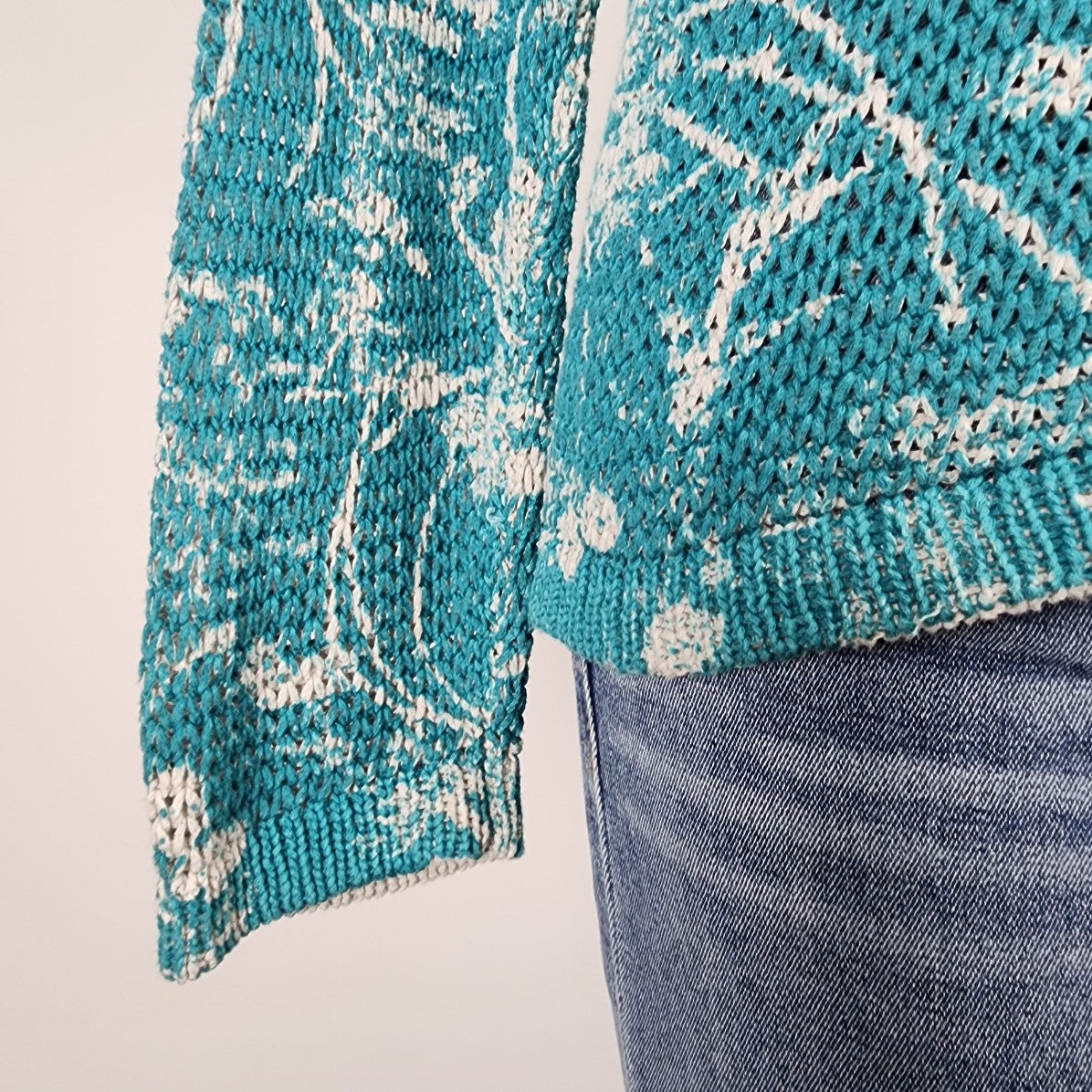 Sandwich Blue Cotton Floral Print V Neck Knit Sweater Size L