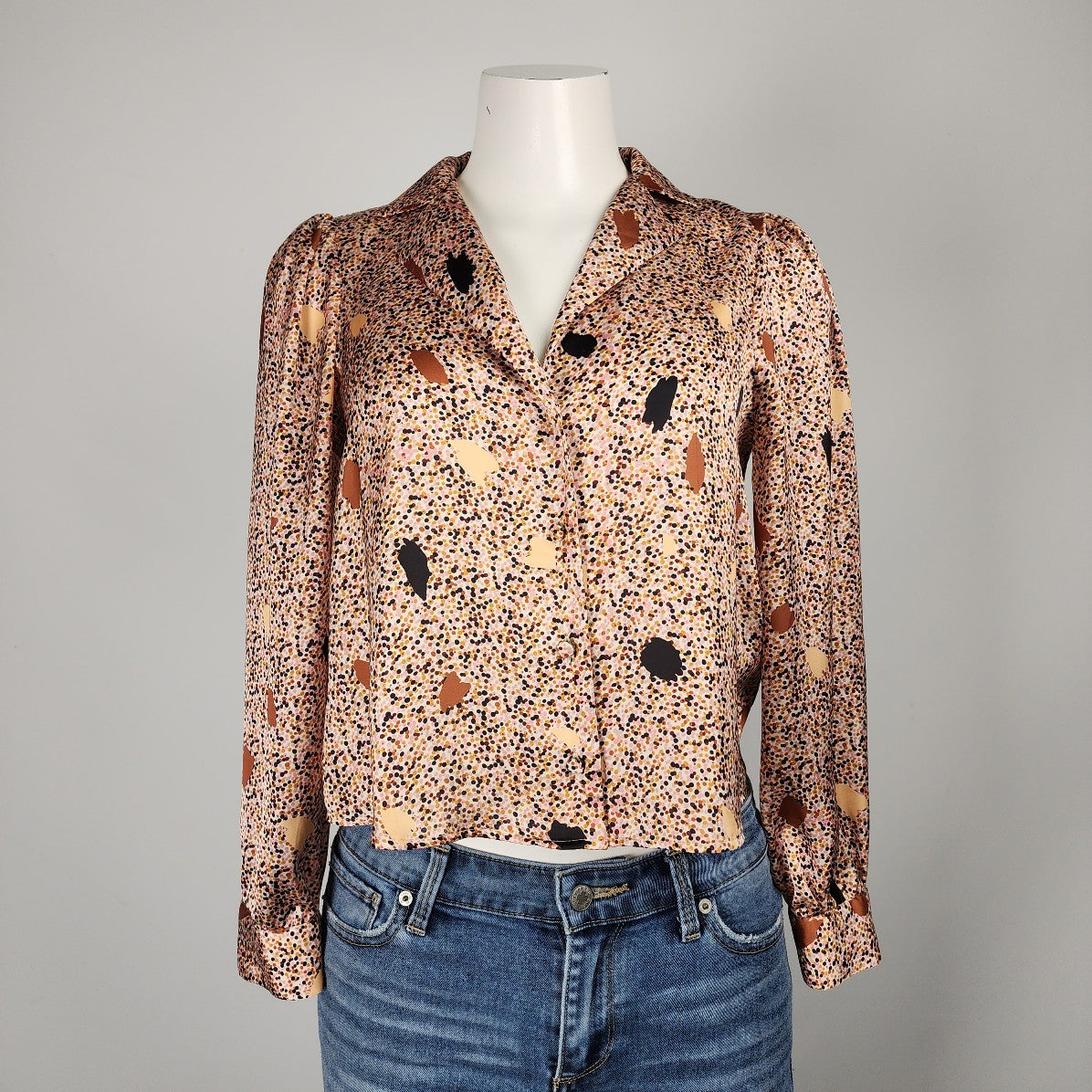 Zara Brown Speckled Button Up Blouse Size XS