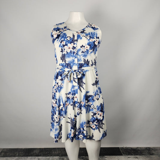 Vintage Blue Floral Button Up Sleeveless Dress Size M/L