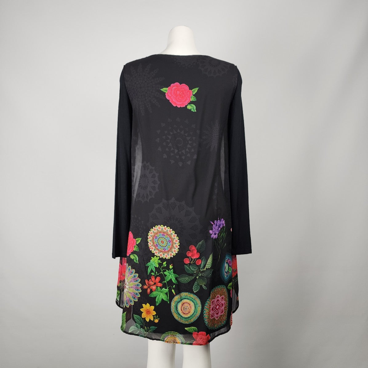 Desigual Black Floral Chiffon Overlay Long Sleeve Dress Size M