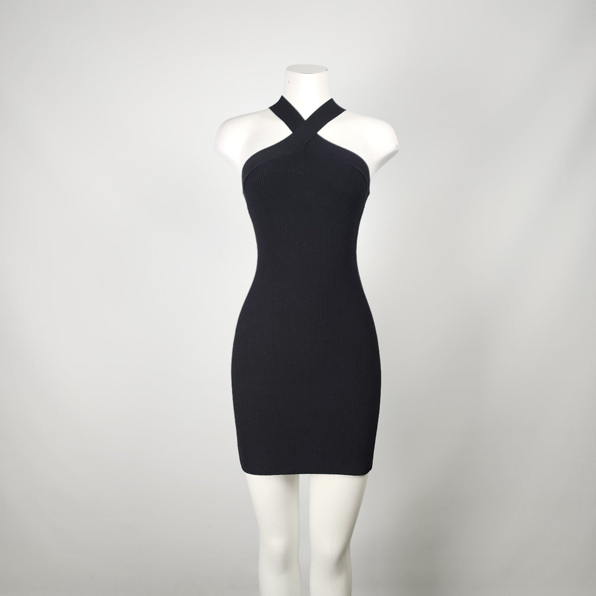 Babaton Black Sculpt Knit Body Con Halter Neck Dress Size S