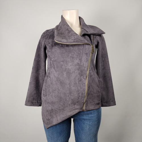 Nounke Grey Faux Suede Asymmetrical Zip Up Light Jacket Size L