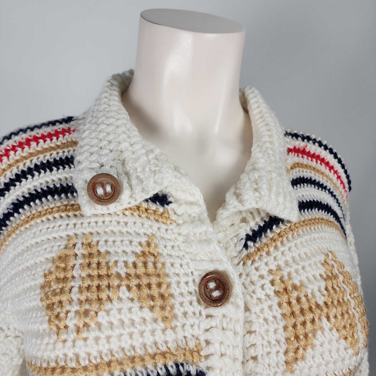 Vintage Cream Knit Striped Button Up Long Cardigan Size L