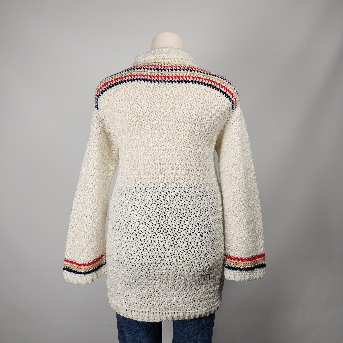 Vintage Cream Knit Striped Button Up Long Cardigan Size L
