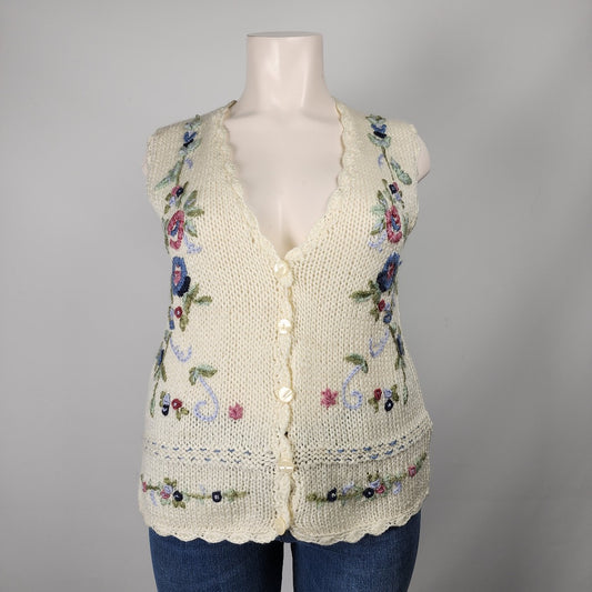 Vintage Huntington Ridge Cream Floral Knit Button Up Vest Size L