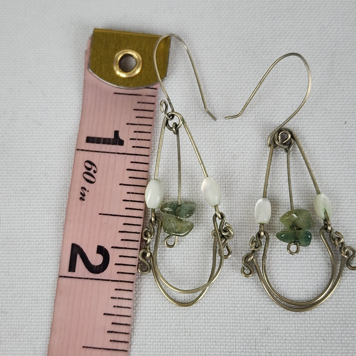 Silver Wire Green & White Beaded Earrings