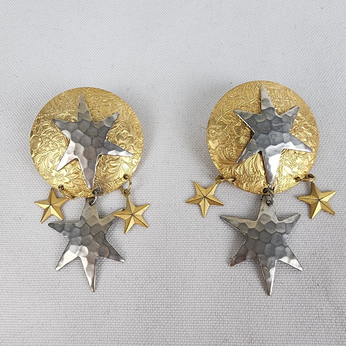 Vintage Hammered Metal Gold & Silver Star Earrings