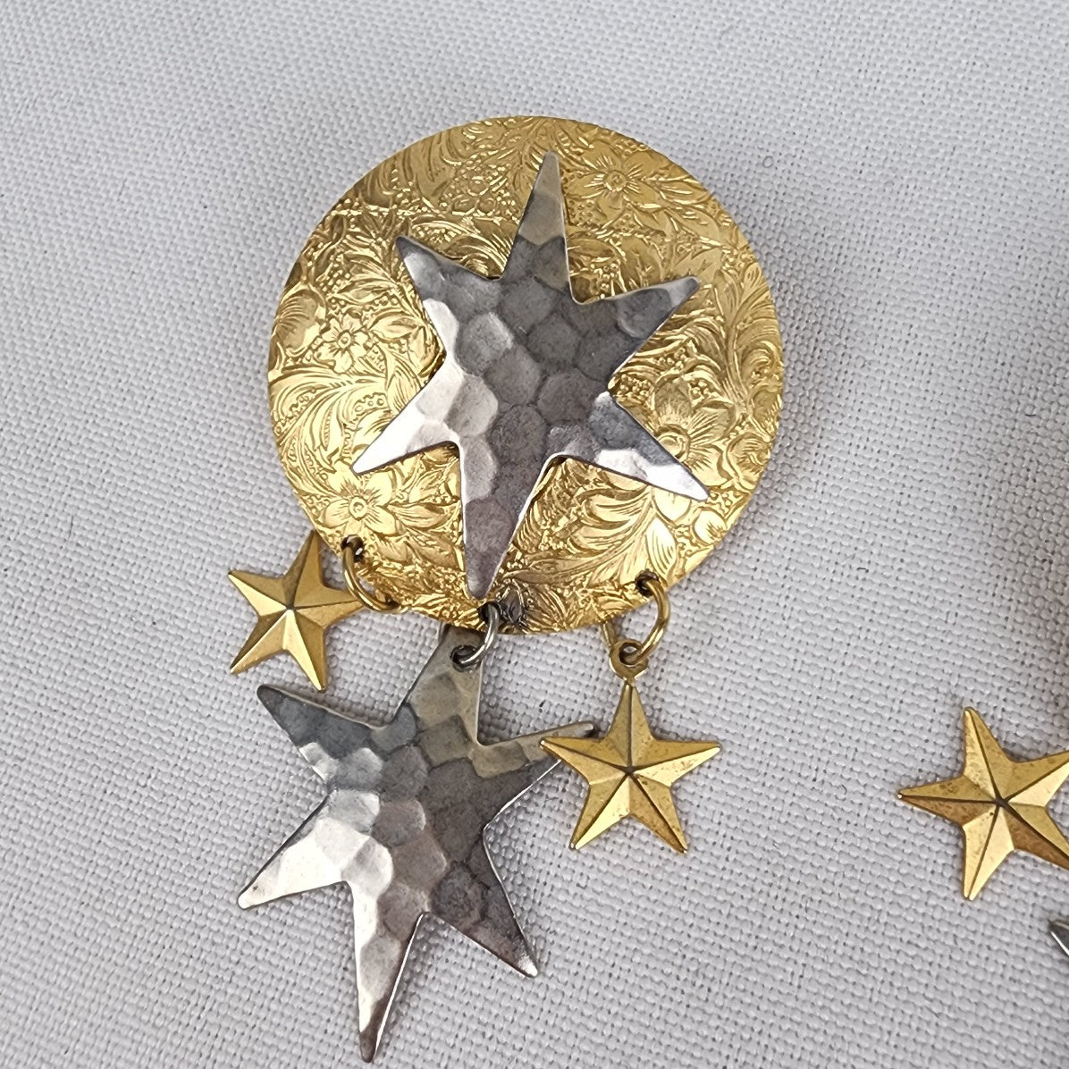 Vintage Hammered Metal Gold & Silver Star Earrings