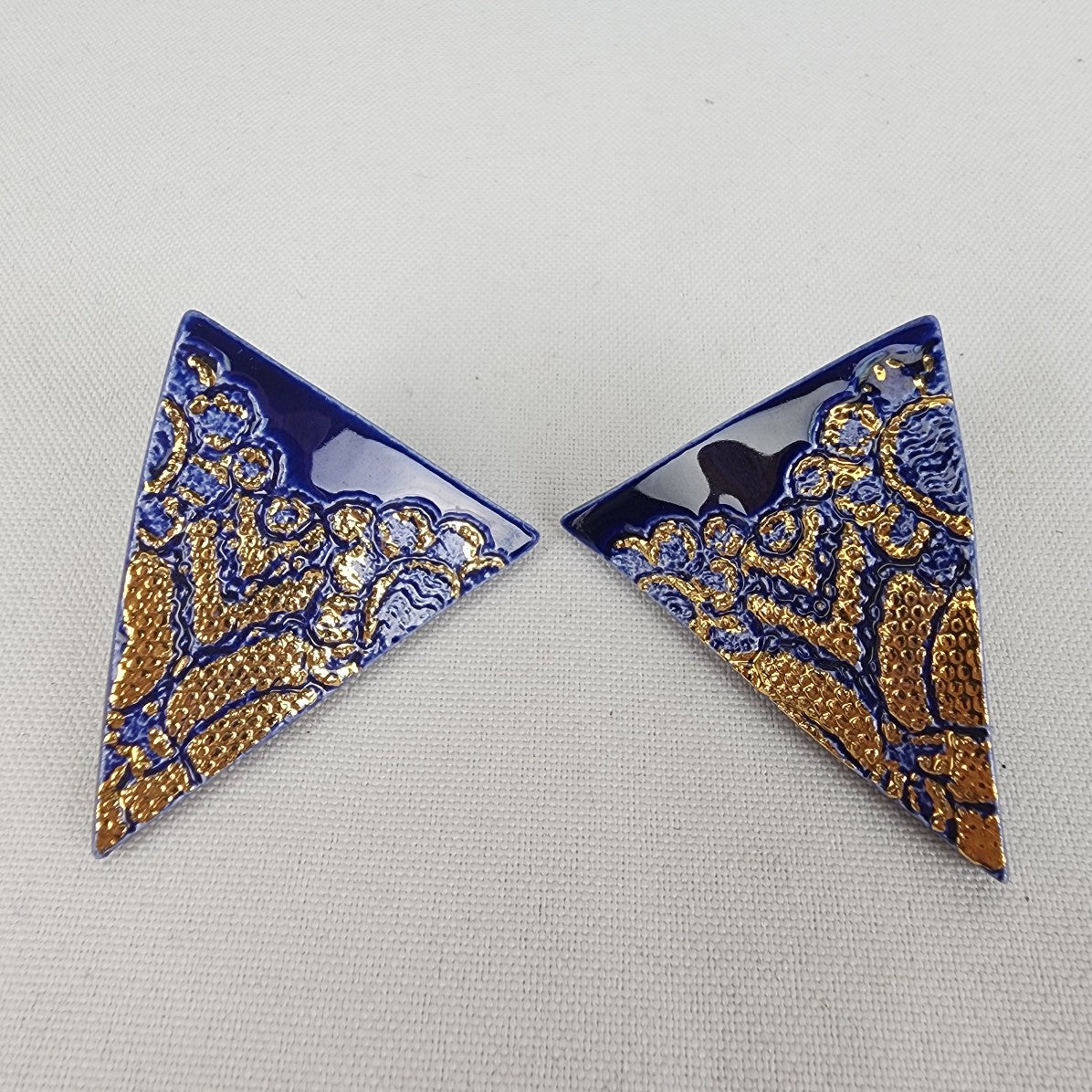 Vintage Handmade Blue & Gold Ceramic Triangle Earrings