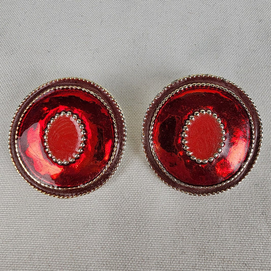 Vintage Red Enamel Metal Clip On Earrings