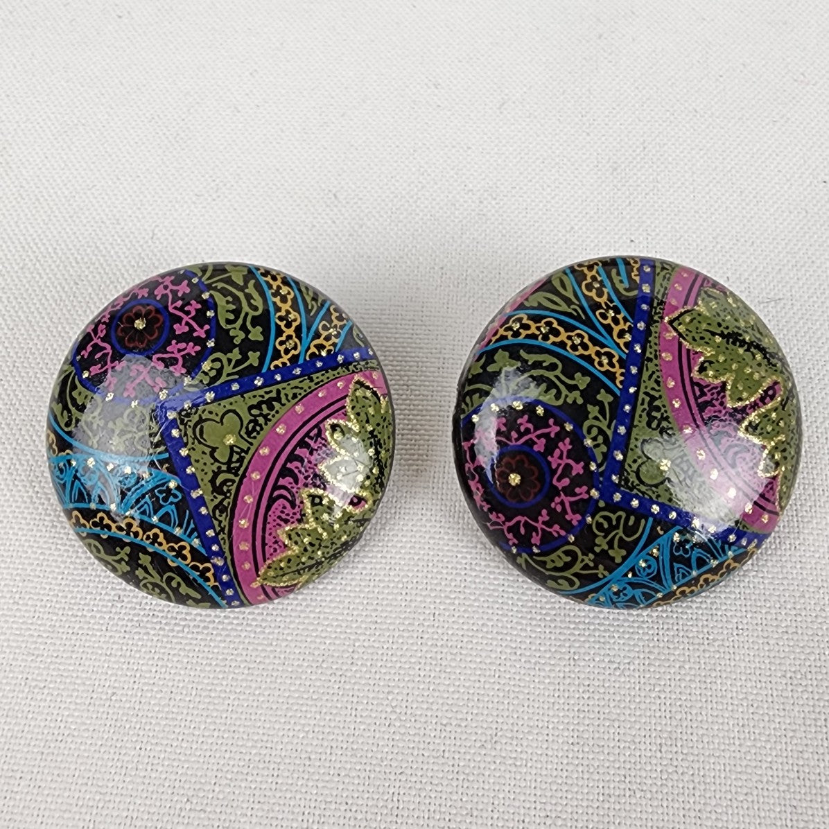 Vintage Purple & Green Floral Button Clip On Earrings