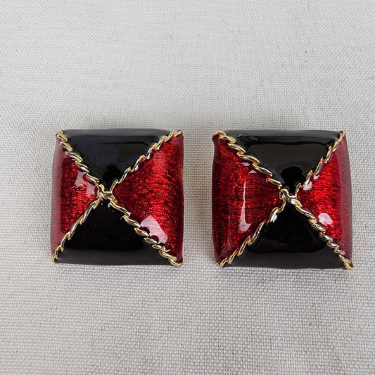 Vintage Red & Black Enamel Metal Cip On Earrings