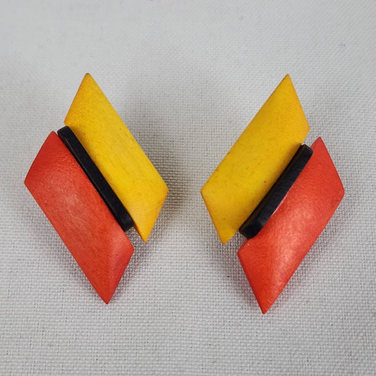 Vintage Orange & Yellow Wood Clip On Earrings