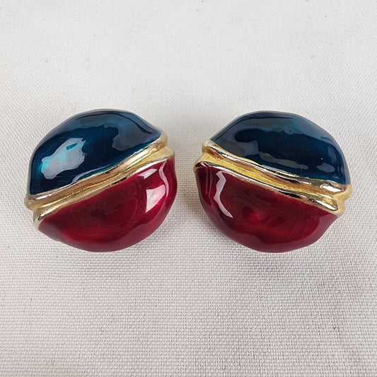 Vintage Red & Blue Gold Enamel Metal Button Clip On Earrings