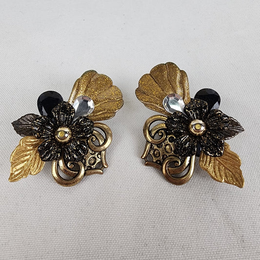 Vintage Gold & Black Flower Statement Clip On Earrings