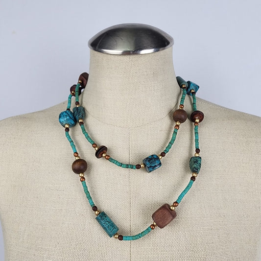 Blue & Brown Wood Beaded Necklace