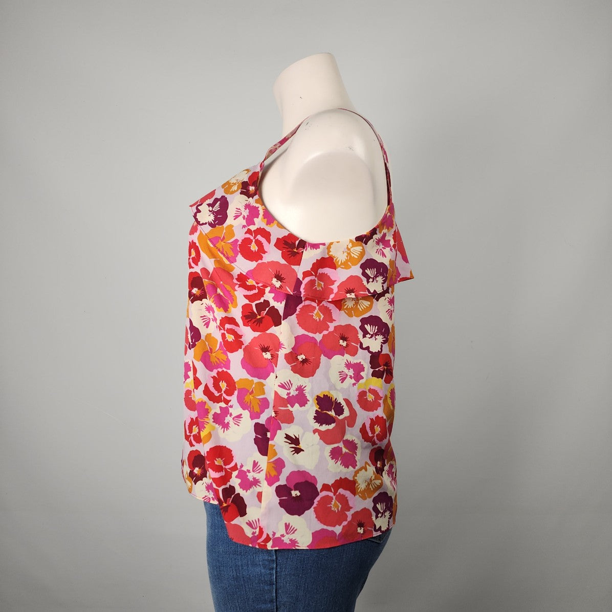 Cabi Pink Floral Sleeveless Ruffle Top Size XL