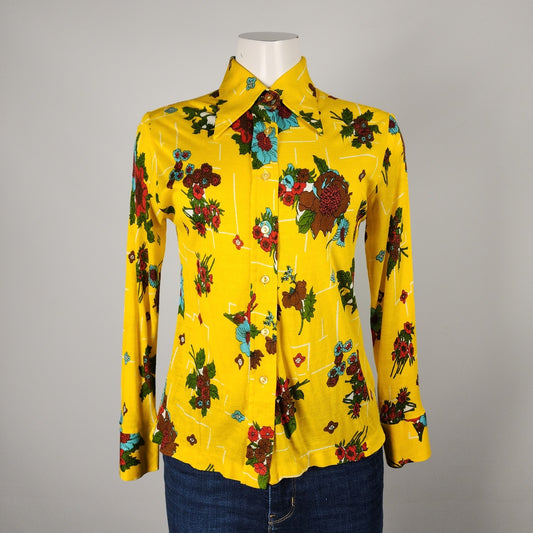 Vintage The House Of Jade Yellow Floral Button Up Blouse Size S