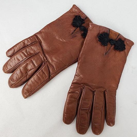 Vintage Brown Leather Frog Closure Detail Gloves