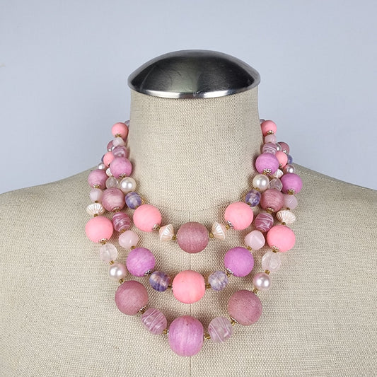 Vintage Pink & Purple 3 Strand Layered Beaded Necklace