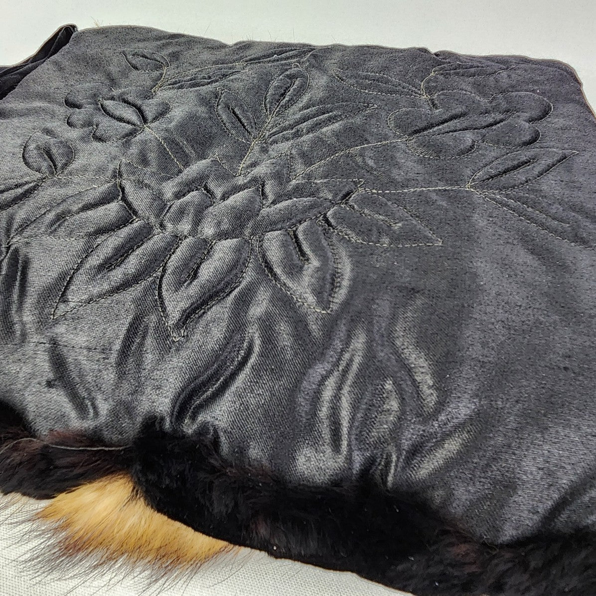 Vintage Fur Muff Black Satin Floral Embroidered