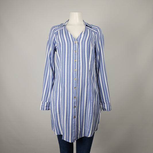 Guess Blue Striped Button Up Dress Tunic Top Size M