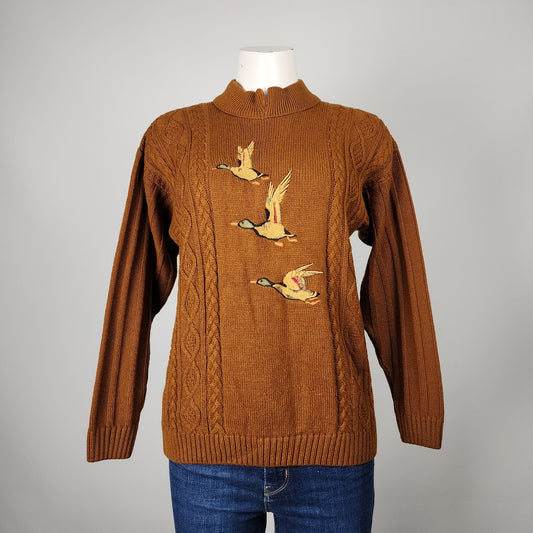 Vintage Mixage Brown Knit Embroidered Bird Sweater Size S