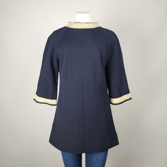 Vintage 60S Navy Gold Trimmed Tunic Top Size S