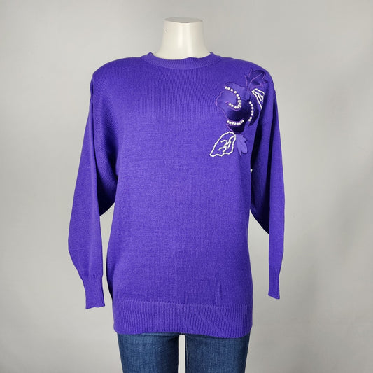 Vintage Jessica Purple Floral Embroidered Knit Sweater Size M/L