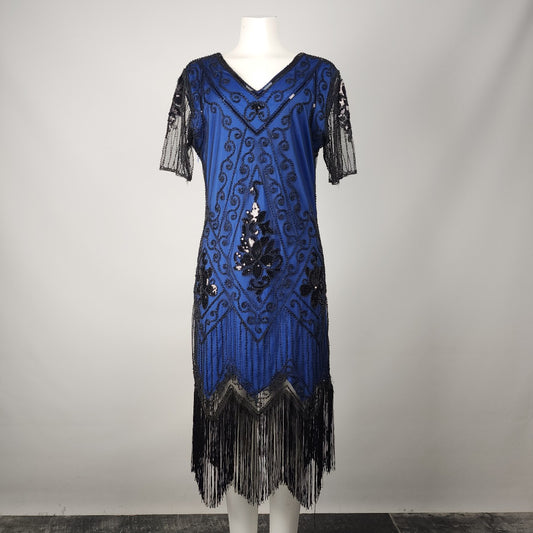 Blue & Black Sequined Flapper Party Dress Size L/XL