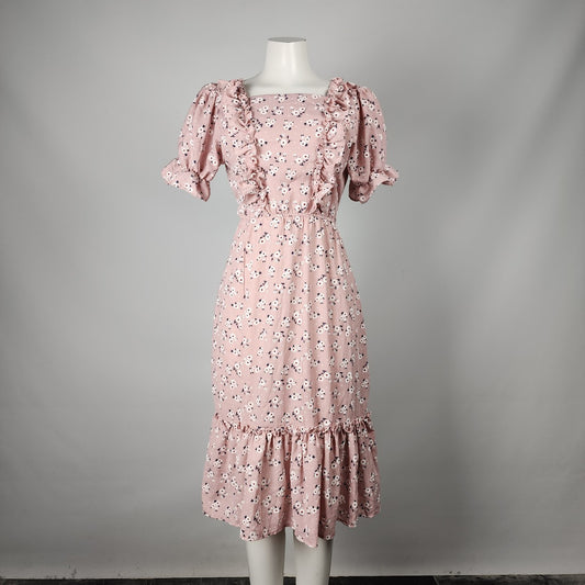 JU JU Pink Floral Ruffle Midi Dress Size S/M