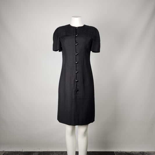 Vintage Richard Warren Bonwit Teller Black Linen Button Up Sheath Dress Size S