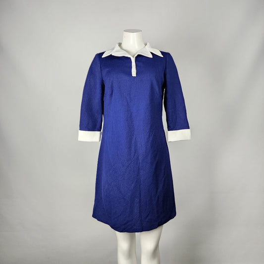 Vintage 70s Blue & White Collared Mini Shift Dress Size M