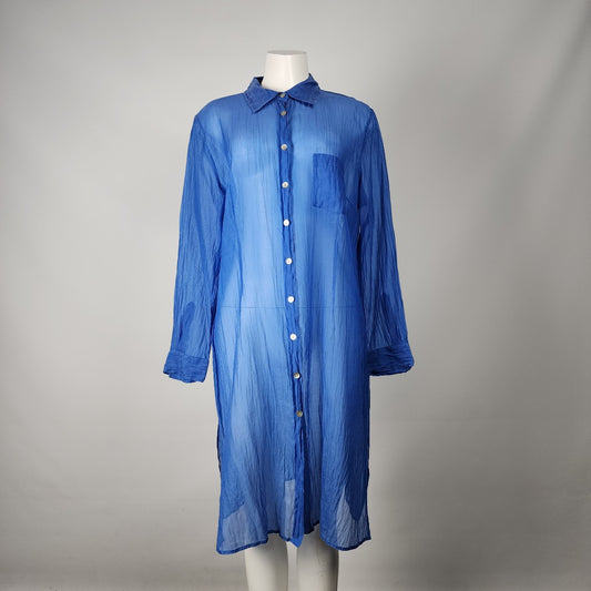 Units Blue Silk Button Up Collared Sheer Shirt Dress Size XL