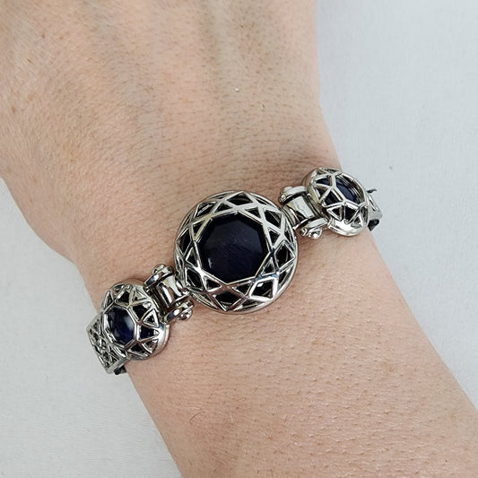 Black Leather Silver Star Blue Stone Bracelet