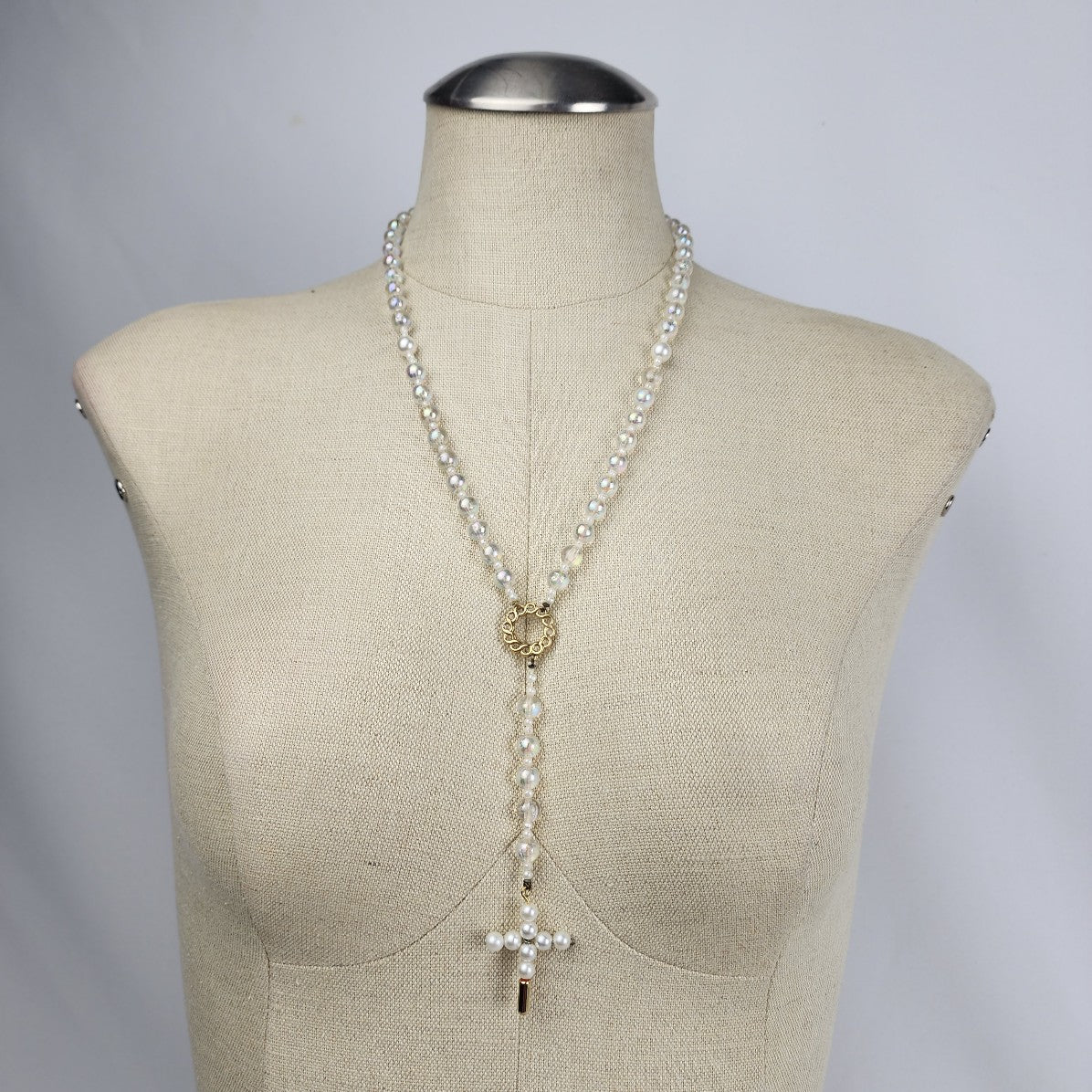 Vintage Faux Pearl Beaded Cross Rosery Necklace