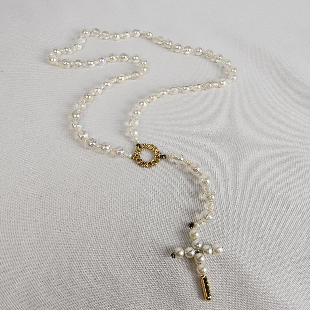 Vintage Faux Pearl Beaded Cross Rosery Necklace