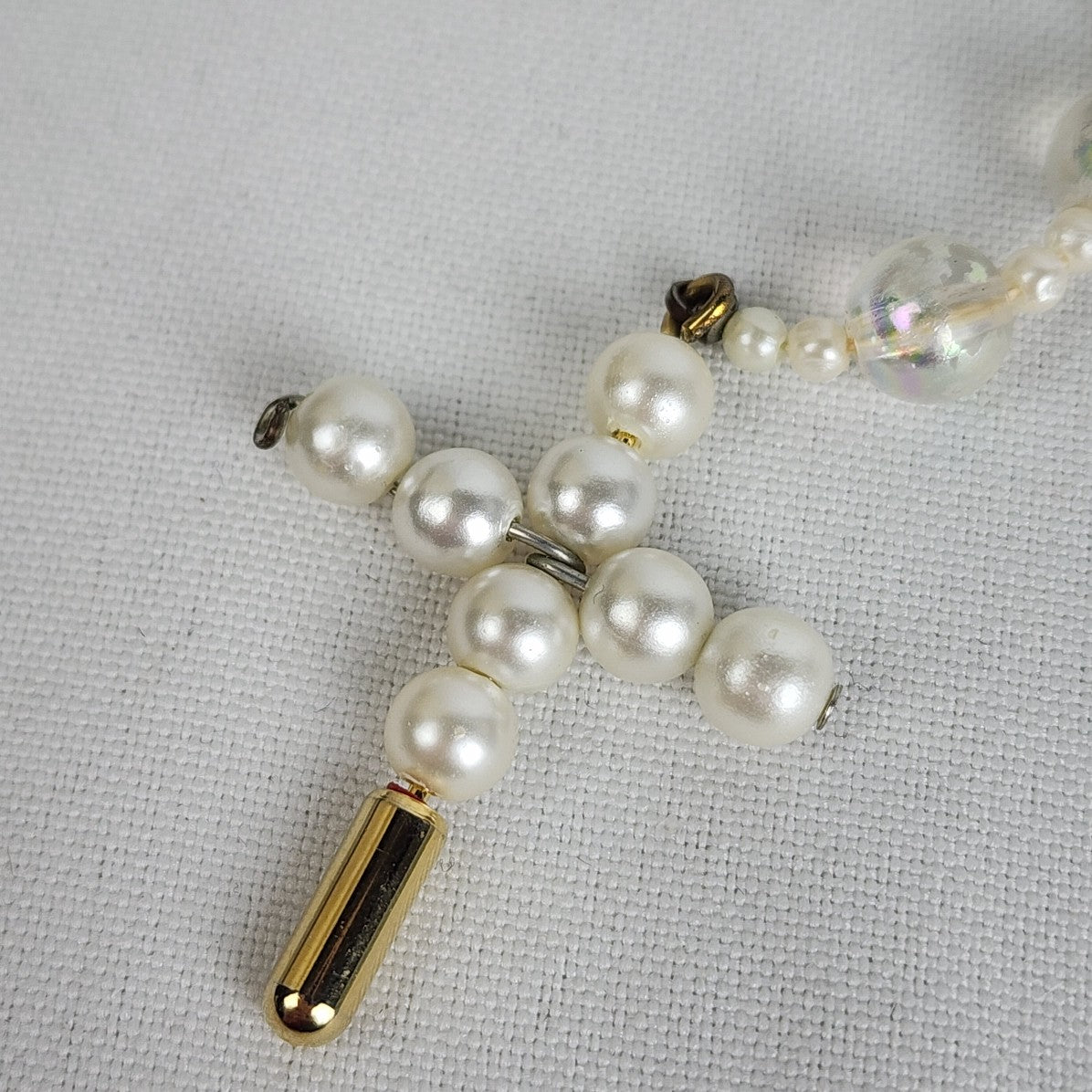 Vintage Faux Pearl Beaded Cross Rosery Necklace