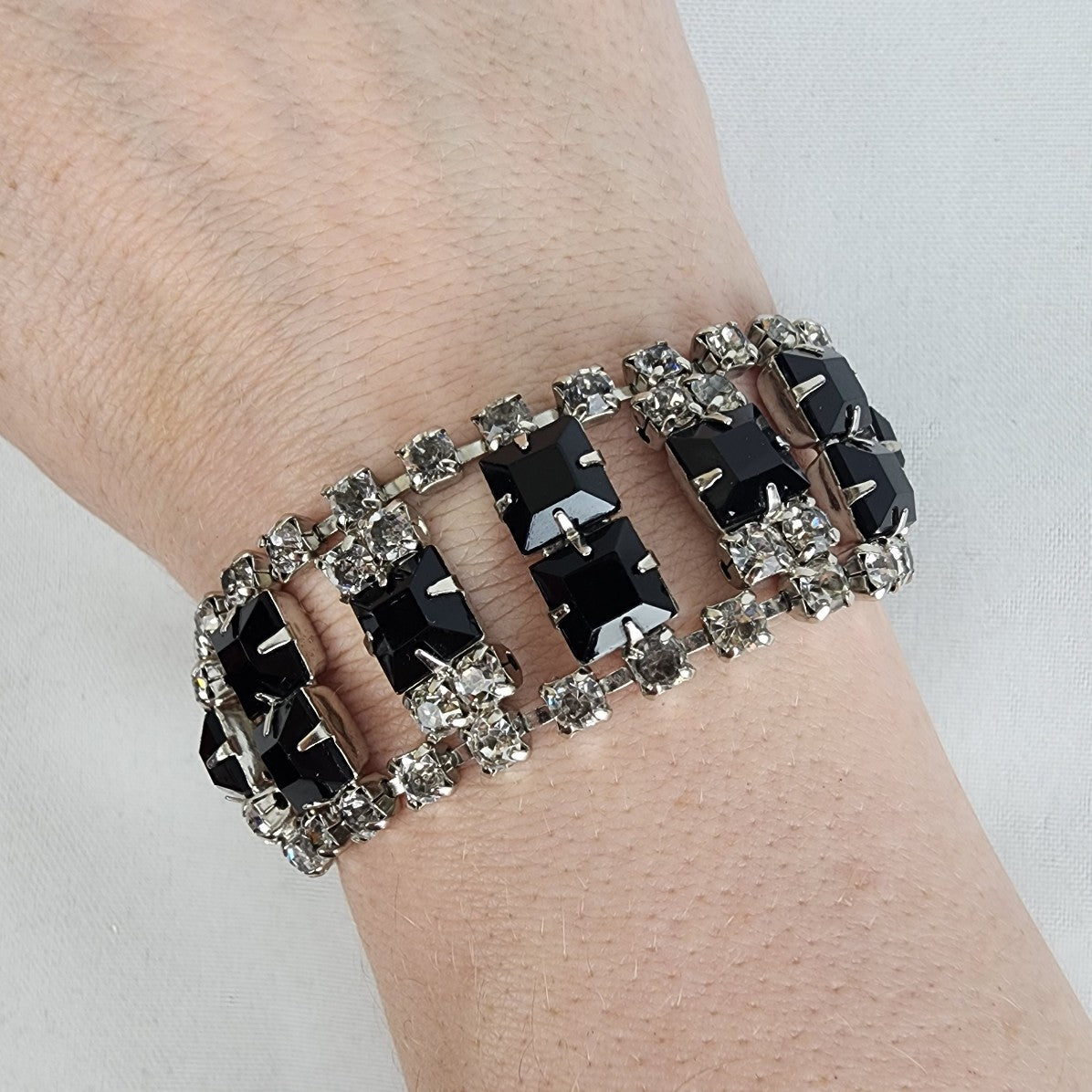 Coro Silver & Black Rhinestone Link Bracelet