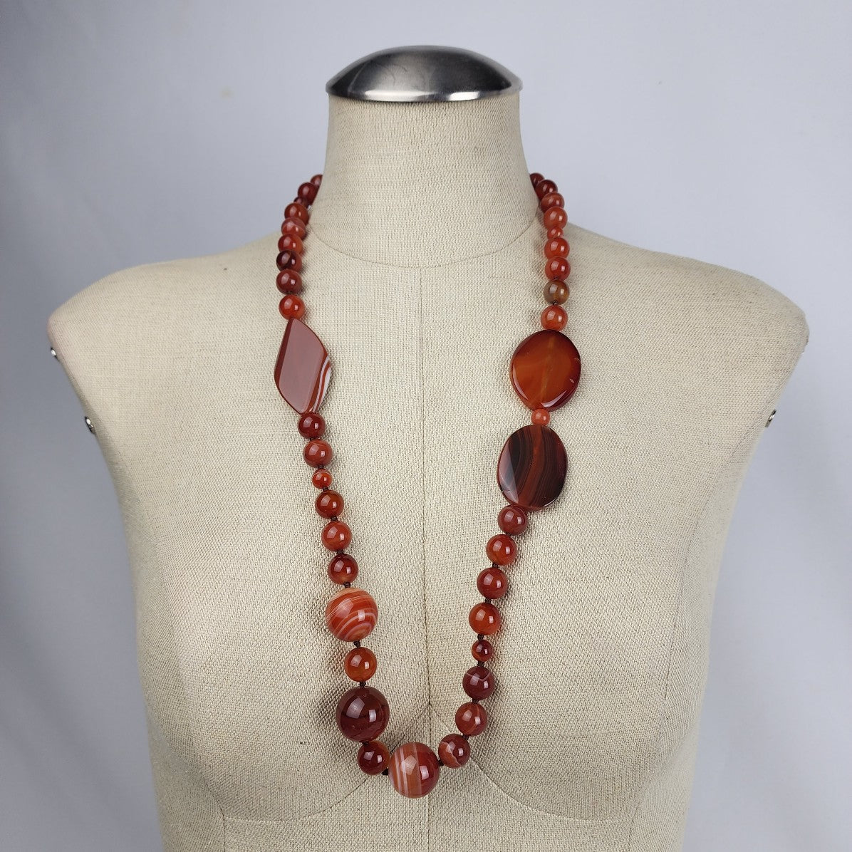 Brown Polished Natural Stone 925 Clasp Beaded Necklace