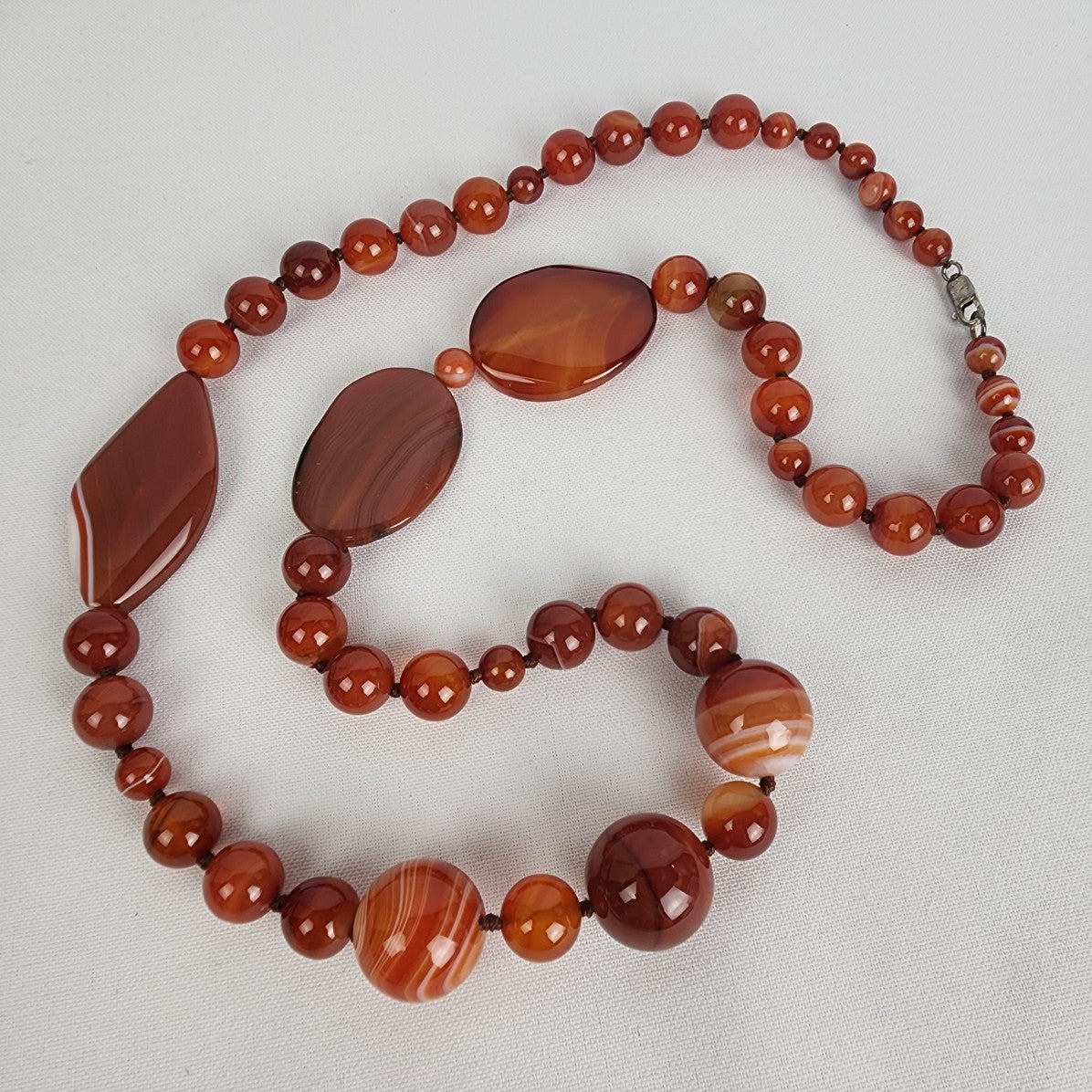 Brown Polished Natural Stone 925 Clasp Beaded Necklace